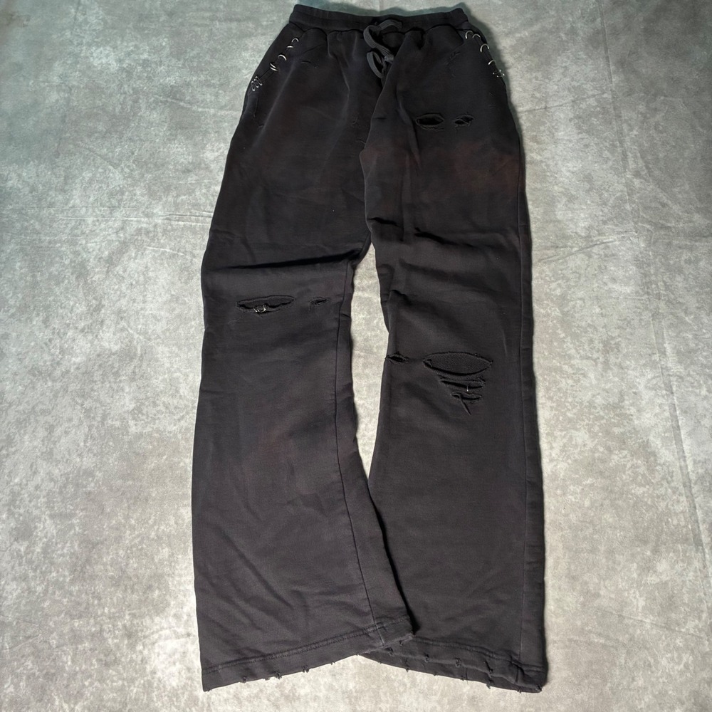 MNML Distressed Flare Sweatpants Washed Black Ring Hardware Punk Streetwear S